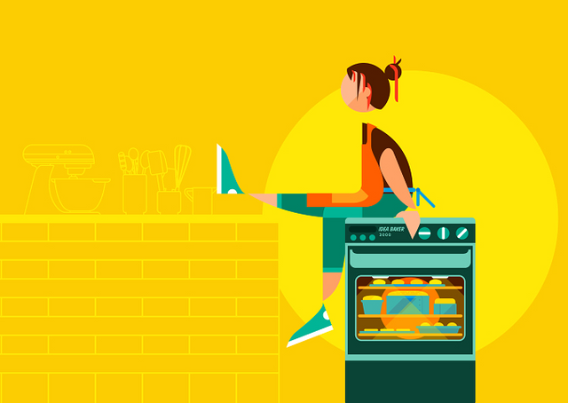 Illustration of girl sitting on an oven raising one leg with a yellow background.