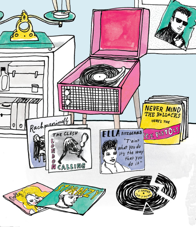 illustrated turntable with records scattered around 